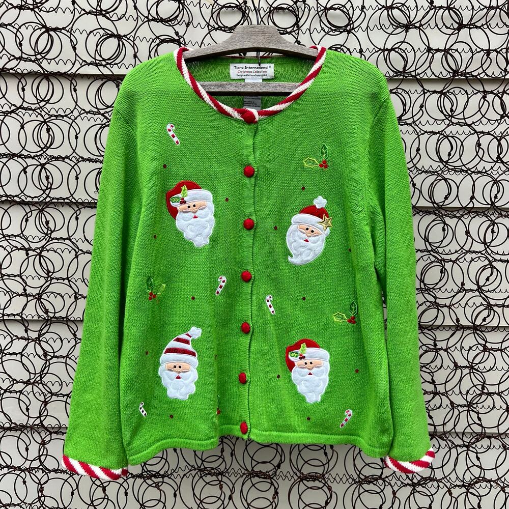 VTG Y2K Tiara International Neon Green Santa Ugly Christmas Sweater Cardigan XL